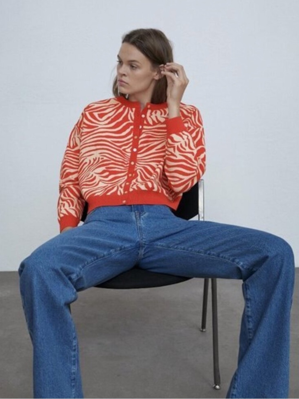 Zara Orange and White Zebra Print Button Up Blouse